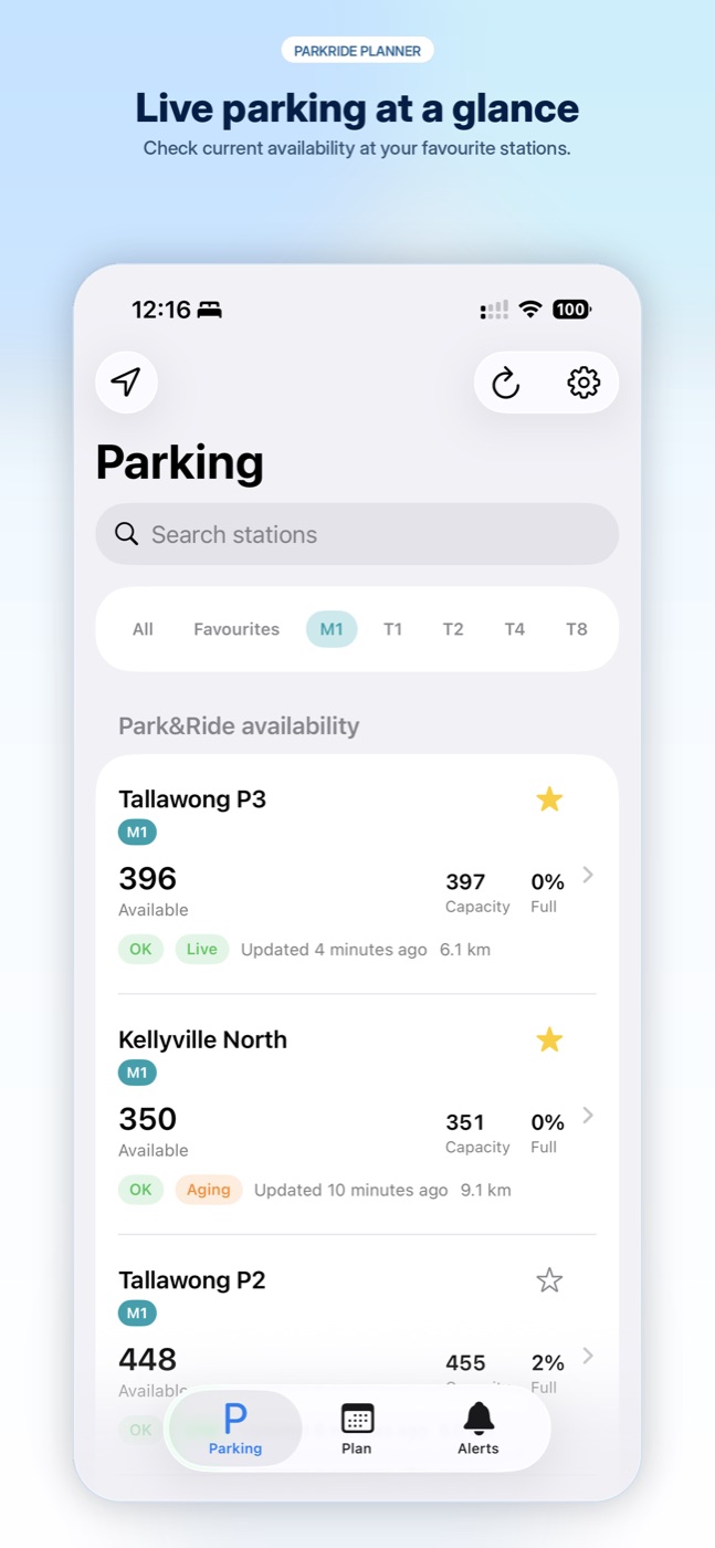 ParkRide Planner showing live Park and Ride car park availability on iPhone