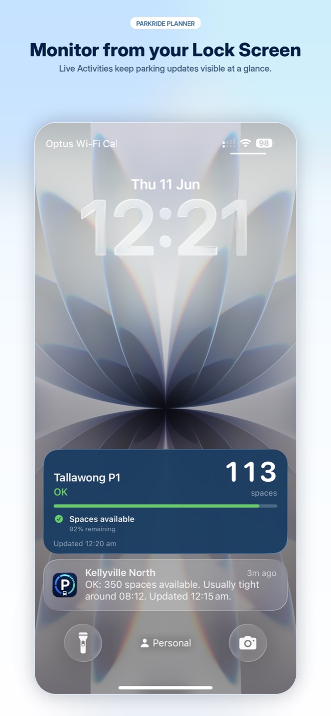 Lock Screen Live Activity showing Park and Ride parking availability